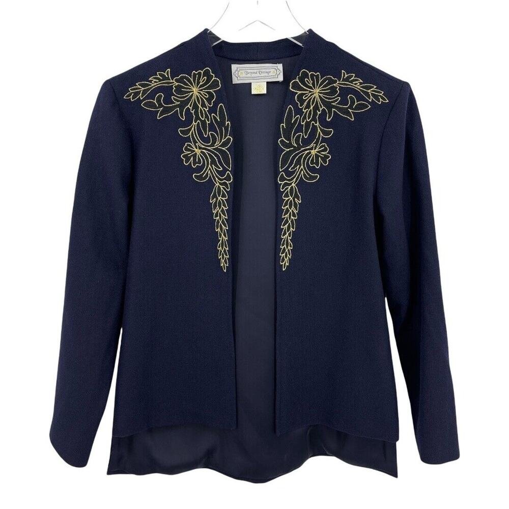 Beyond Vintage Navy Blue Gold Embroidered Open Front Blazer Jacket Size Small